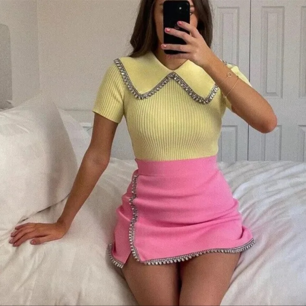 Zara Pink Light Knit Rhinestone Jewel Crystal Trim Mini Skirt